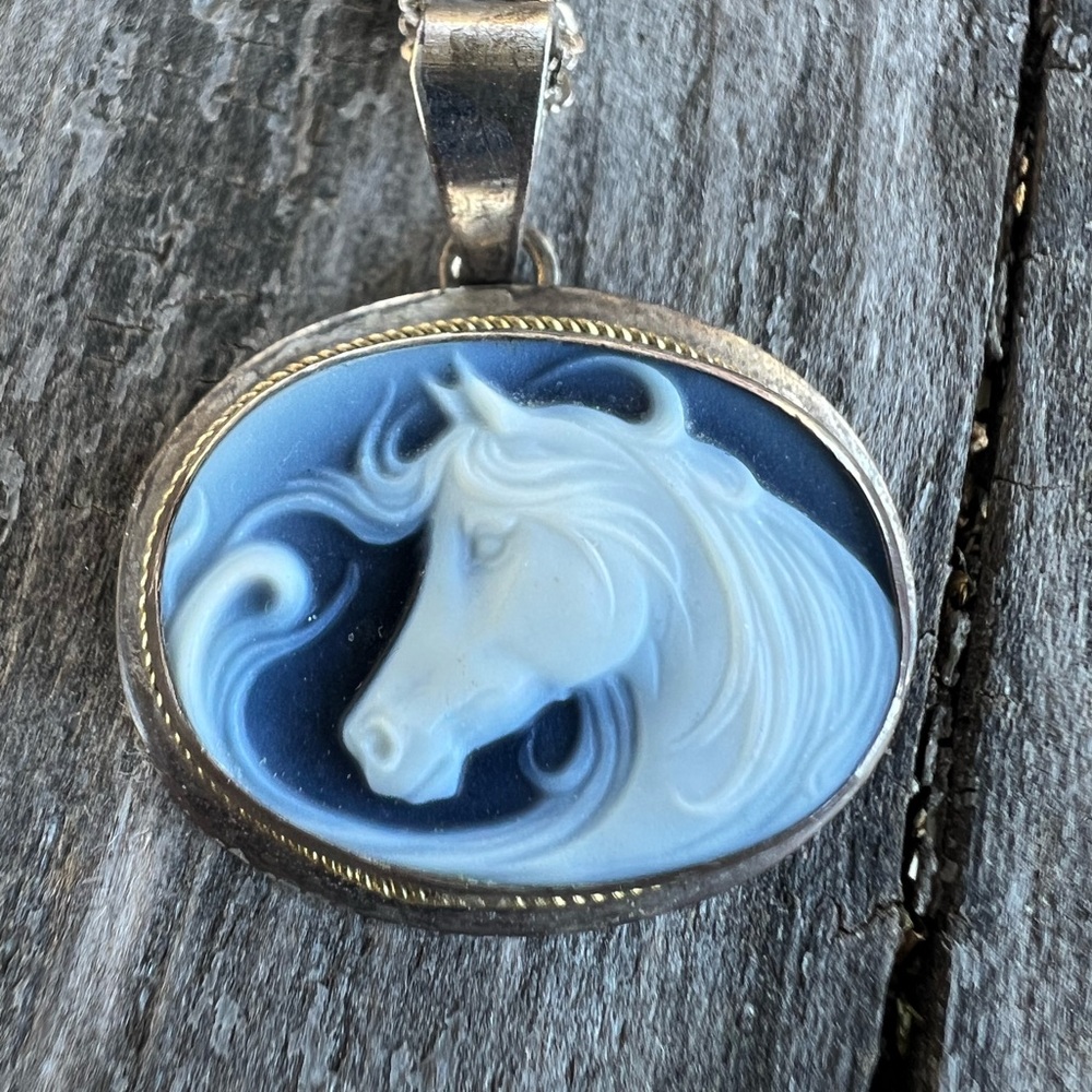 Carved blue agate horse cameo pendant sterling silver